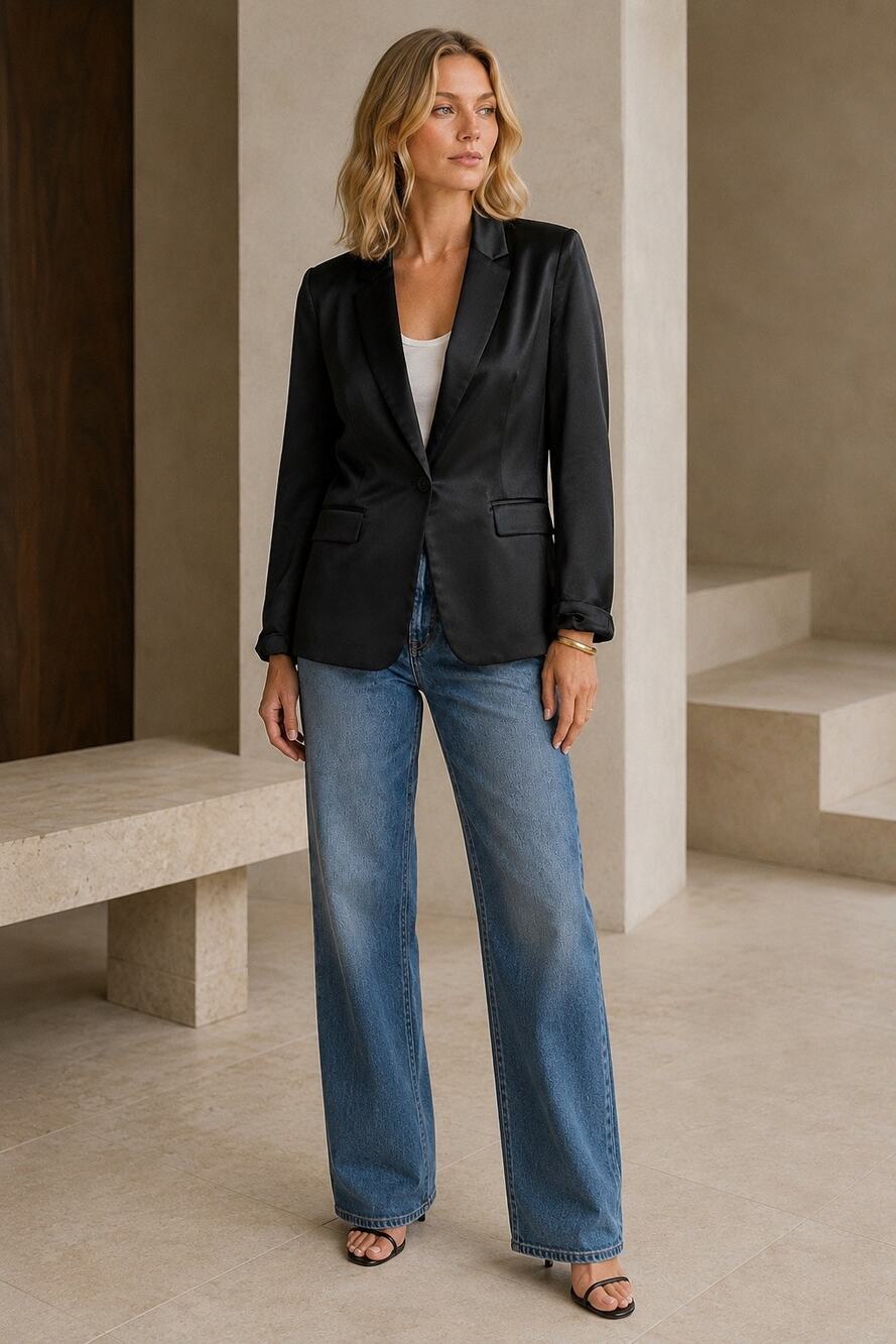 Michael Stars Black Satin Single Breasted Blazer Large - Picture 3 of 12